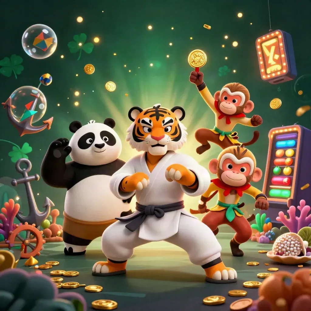 Kung-fu tiger, panda, and monkey amid treasure cove casino magic, gold coins, coral, reels, and glowing rays.