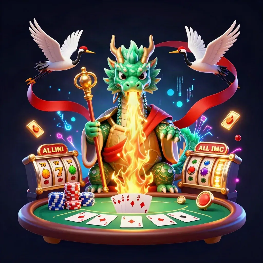 Emerald dragon, turtle sage, and cranes amid casino chips, cards, reels, and neon energy.