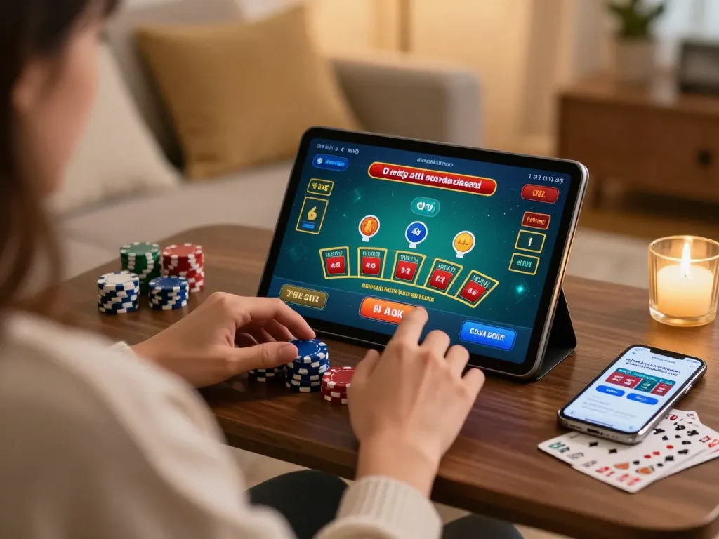 Engaging with live blackjack game at home, user focused on tablet with 5679 betting options