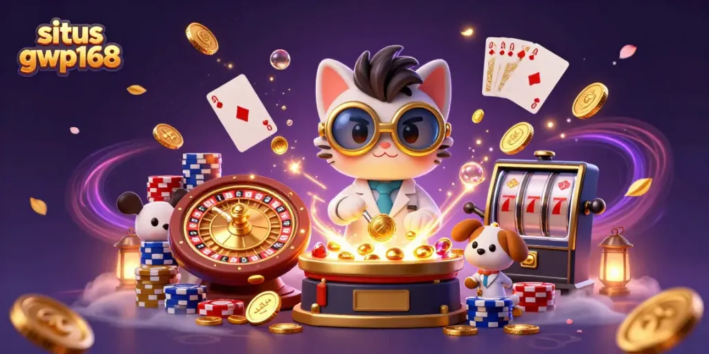 Persembahan situs gwp168 dengan mesin pencipta koin emas dan karakter kartun di kasino online.