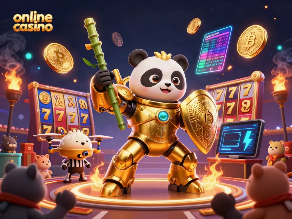Experience the excitement of an online casino with a dynamic golden panda in a vibrant gaming arena.