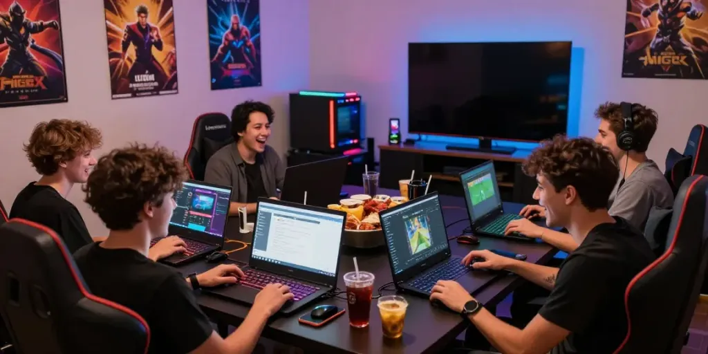 Friends enjoying unsurtoto gaming night with laptops and snacks, vibrant atmosphere.
