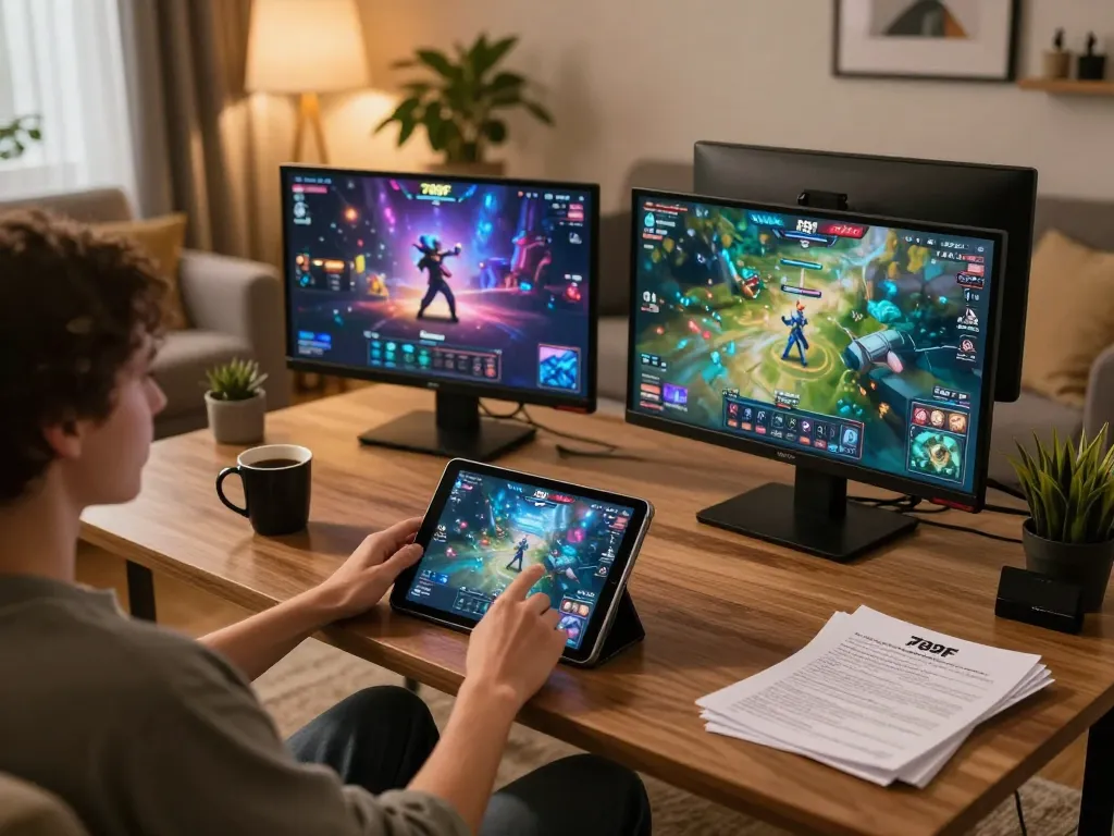 Engaging online gambling scene with 789f showing person using tablet in cozy home.