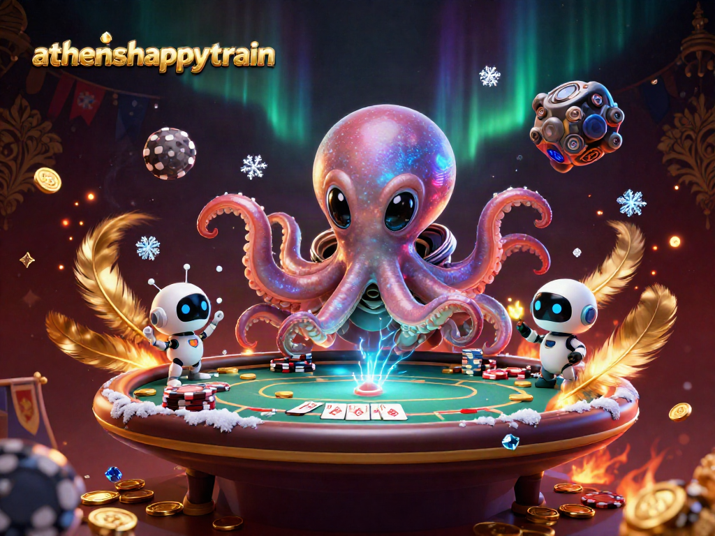 Join the fun with athenshappytrain at a holographic poker table in an exciting casino scene.