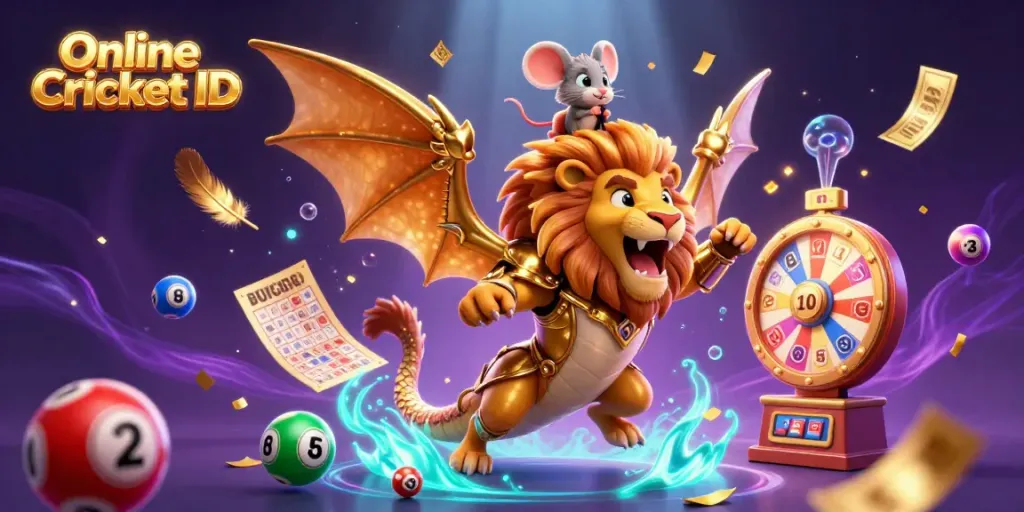 Experience thrilling gameplay with Online Cricket ID through an engaging illustration of a victorious chimera and dynamic casino elements.
