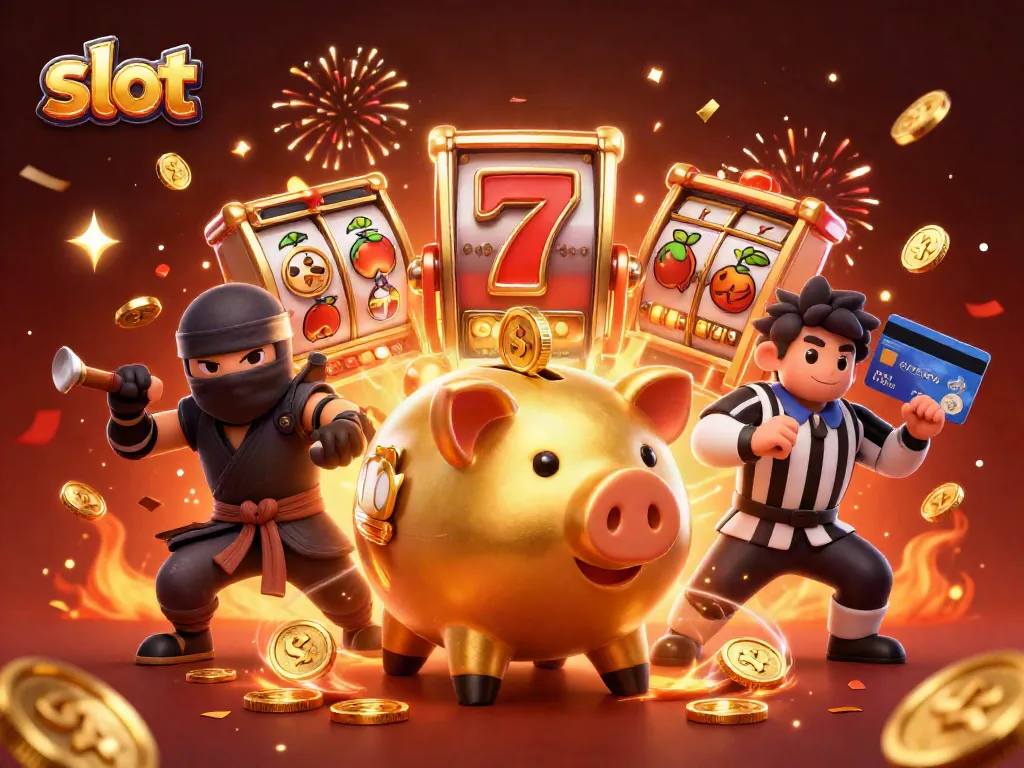 Menangkan slot dengan celengan emas yang bertanda koin, melawan ninja dompet di kasino.