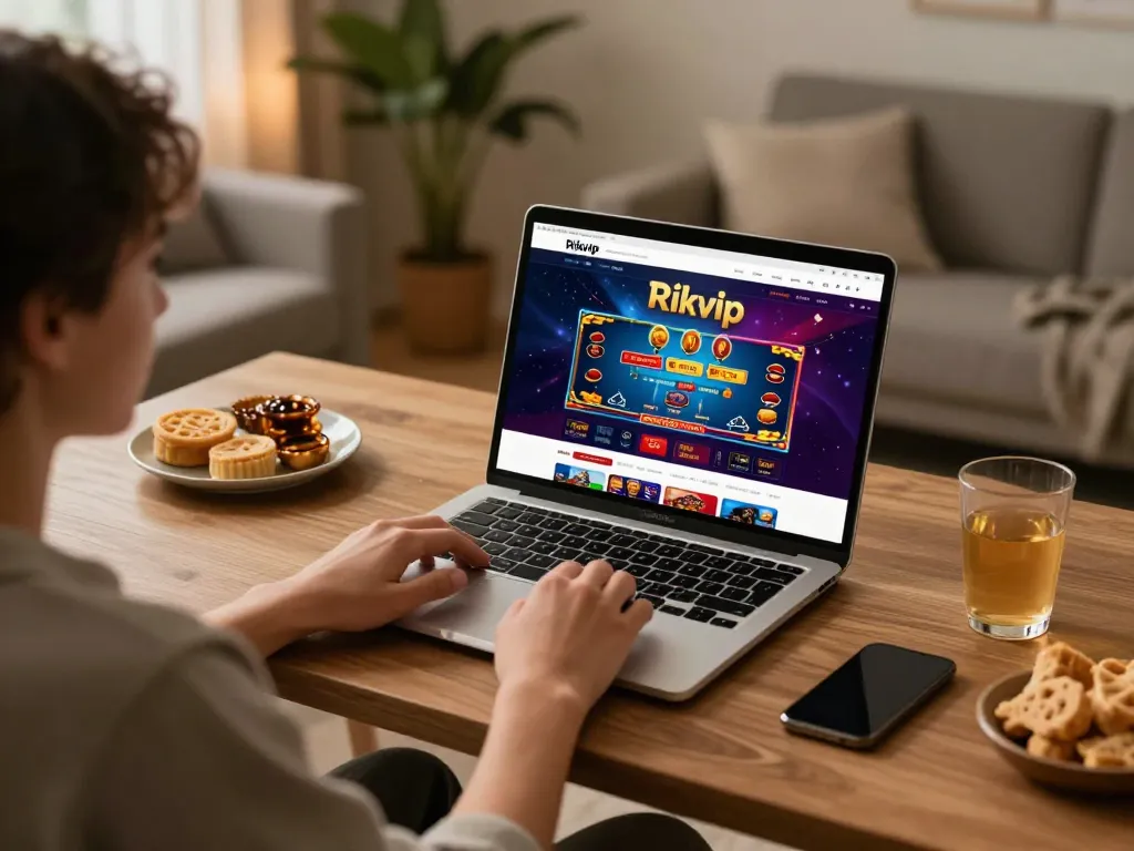 Player engaging with the Rikvip online casino platform on a sleek laptop, creating an immersive gaming experience.