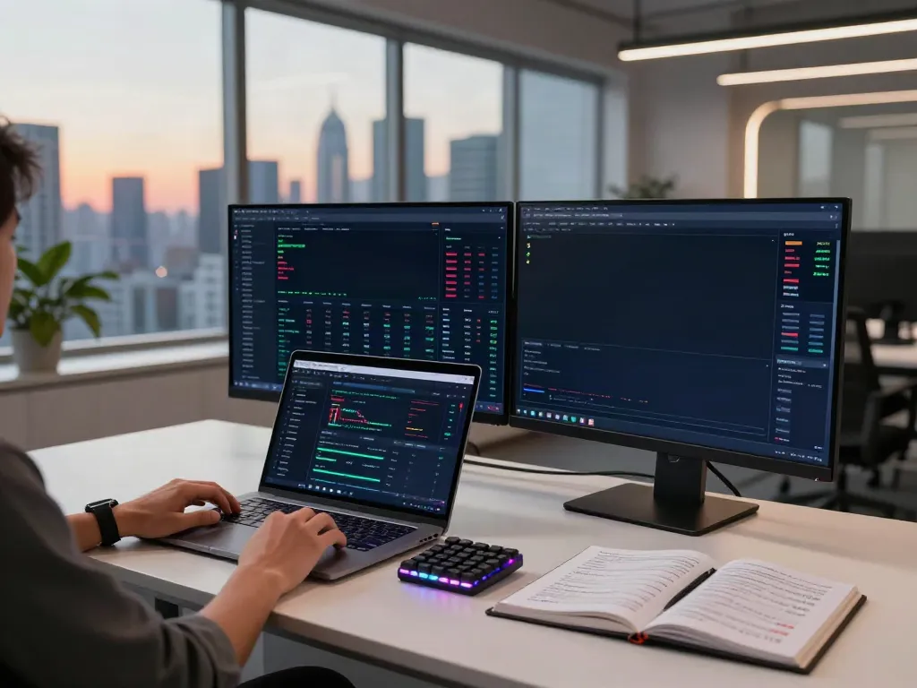 Read more about cryptocurrency trading in a modern workspace with live blockchain data and DeFi interfaces.
