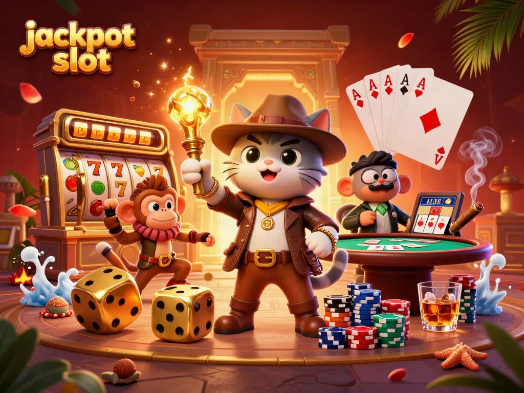 Experience the thrill of jackpot slot gaming with vibrant scenes of cats and casino artifacts.