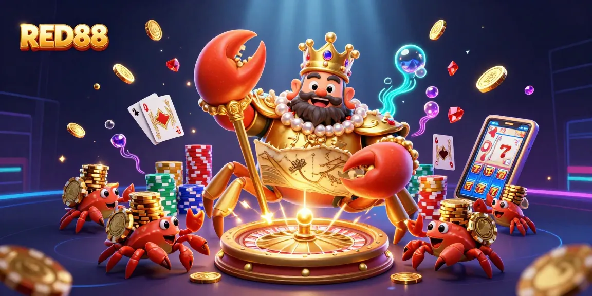Experience thrilling gameplay with RED88 on a vibrant casino scene featuring a crab emperor and gemstones.