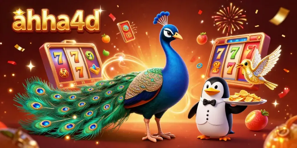Slot online di ahha4d menampilkan merak berkilau dan penguin pelayan membawa keripik emas.