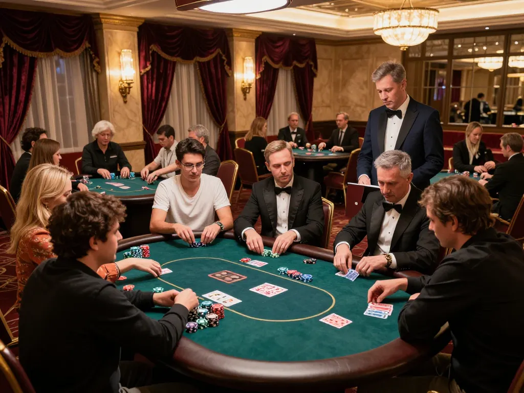 Players engaged in strategic gameplay at an elegant poker table featuring SC88 chips.