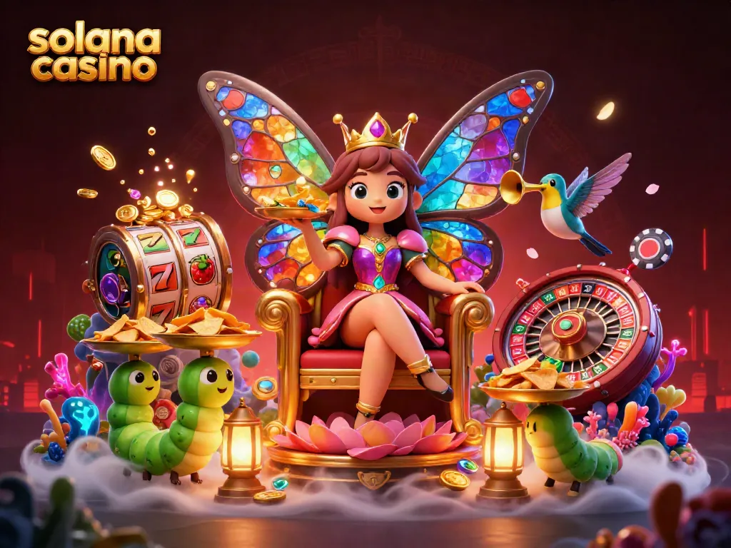 Engage in a vibrant solana casino experience with an enchanting scene featuring golden gaming elements and a butterfly queen.