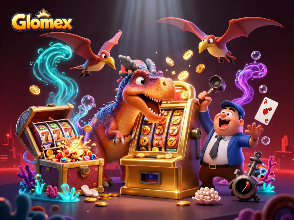 Glomex slot machine jackpot celebration with cartoon dinosaurs and casino elements
