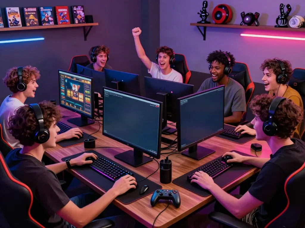 Group of friends enjoying raja slot games on high-resolution monitors in a vibrant gaming lounge.