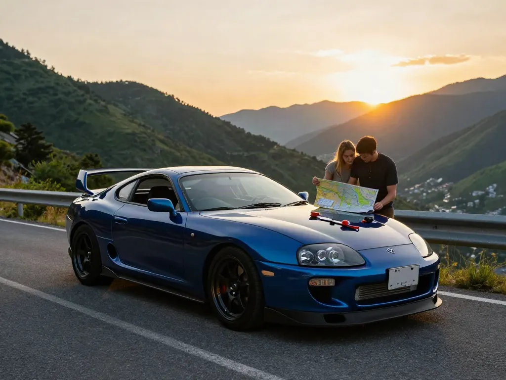 The A80 platform showcases a Toyota Supra in a picturesque mountain sunset scene, highlighting its sporty design and adventure spirit.