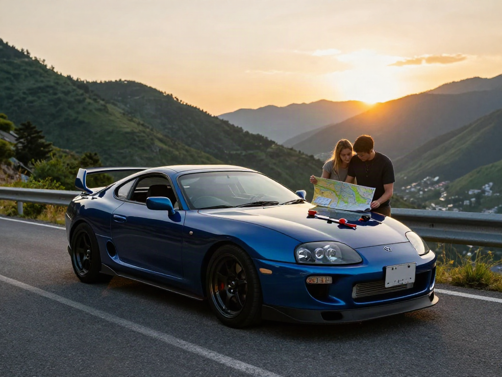 The A80 platform showcases a Toyota Supra in a picturesque mountain sunset scene, highlighting its sporty design and adventure spirit.