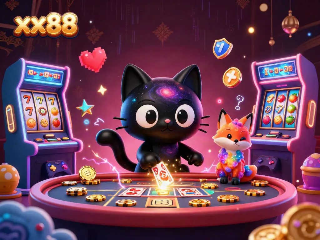 Experience the excitement of xx88 with a cosmic casino scene, featuring a black hole cat and colorful gas fox.