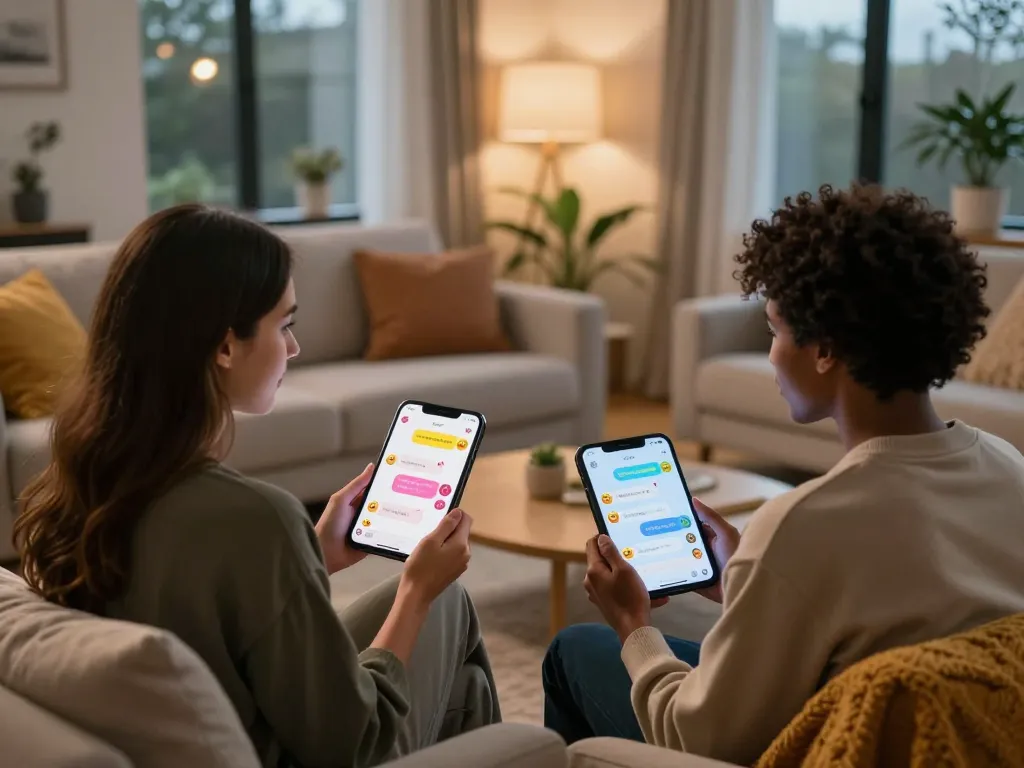 Engaging in ai sex chat in a cozy modern living room with vibrant chat interfaces.