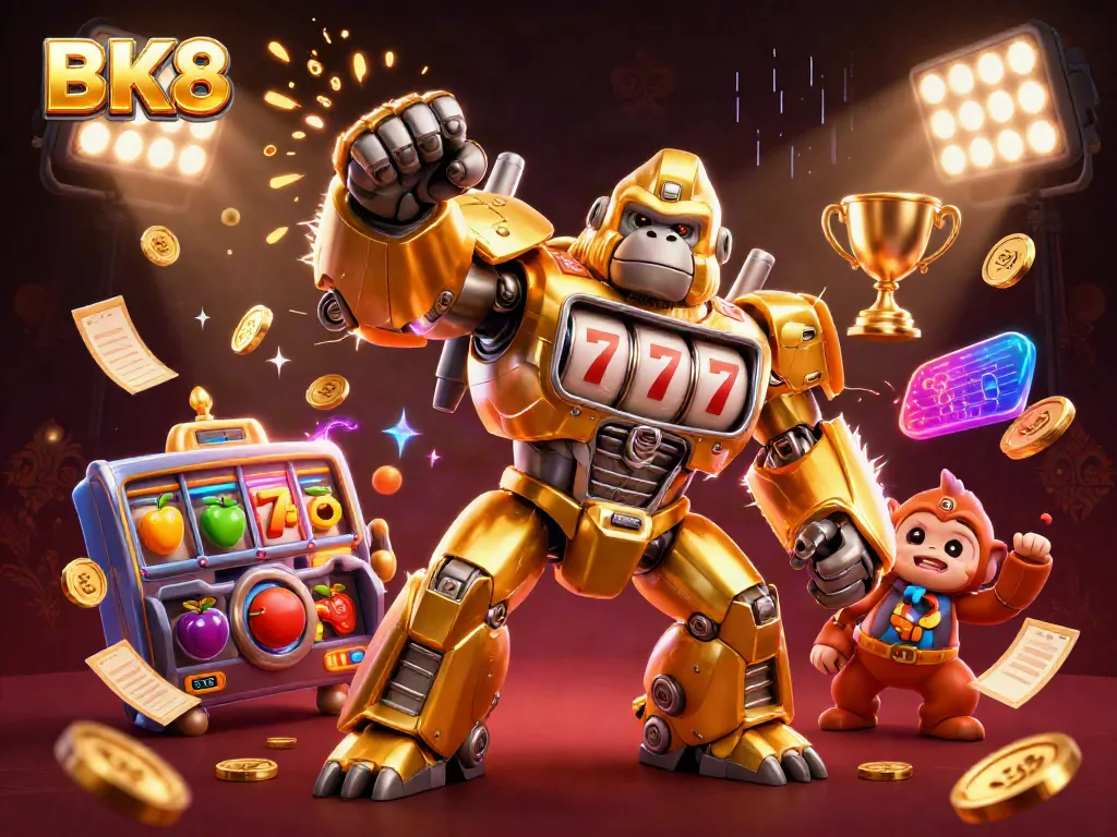 Experience thrilling slots with BK8 featuring a golden gorilla mech amidst exploding coins and exciting elements.