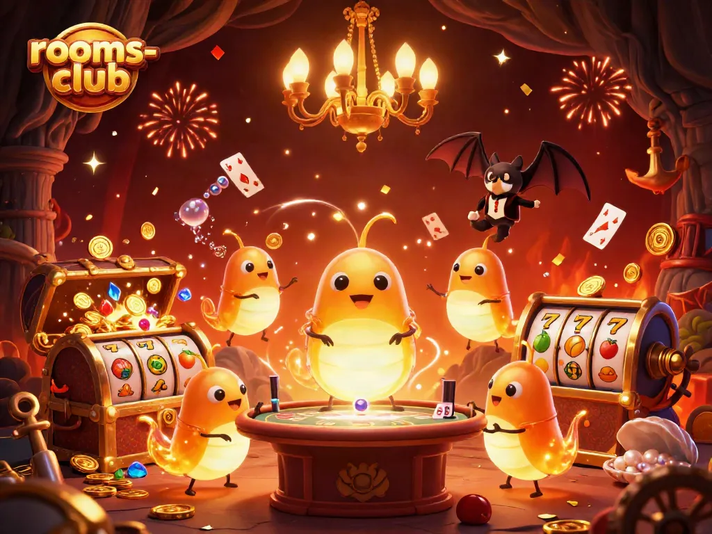 Raih kemenangan di rooms-club dengan suasana kasino ceria yang dipenuhi slot dan lampu berkilau.