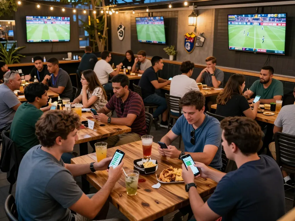 Lovingaze fans excitedly checking betting apps at a lively outdoor sports bar during events.