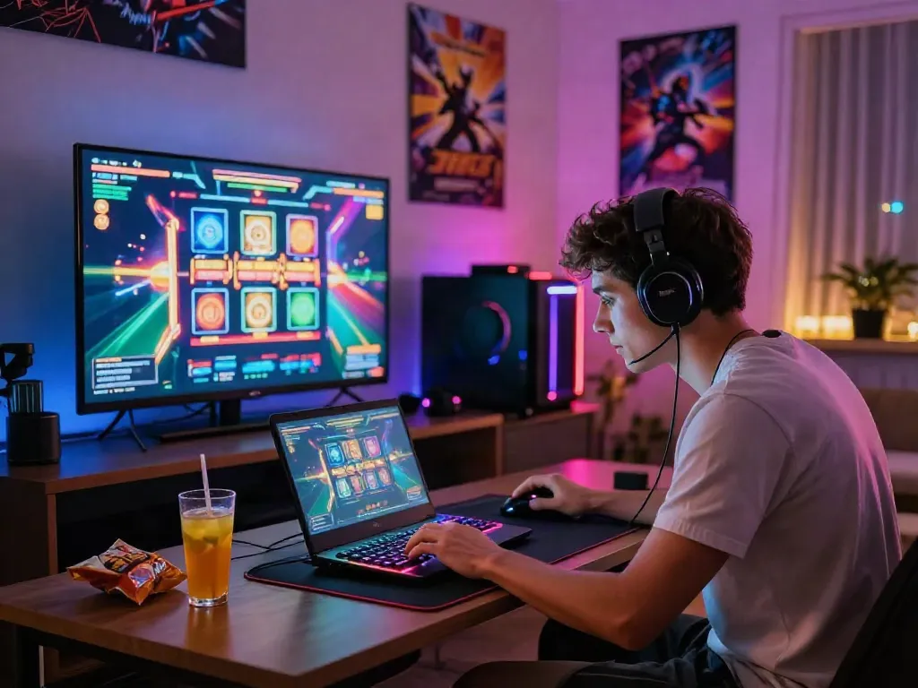 SLOT GACOR gaming scene with young man engrossed in slot gameplay surrounded by gaming gear