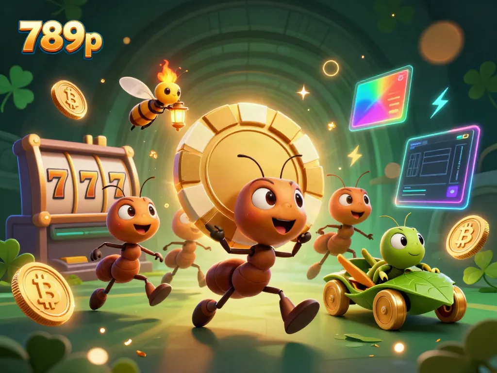 Experience the thrill with 789p, where cartoon ants execute a heist amidst golden poker chips and vibrant gaming visuals.