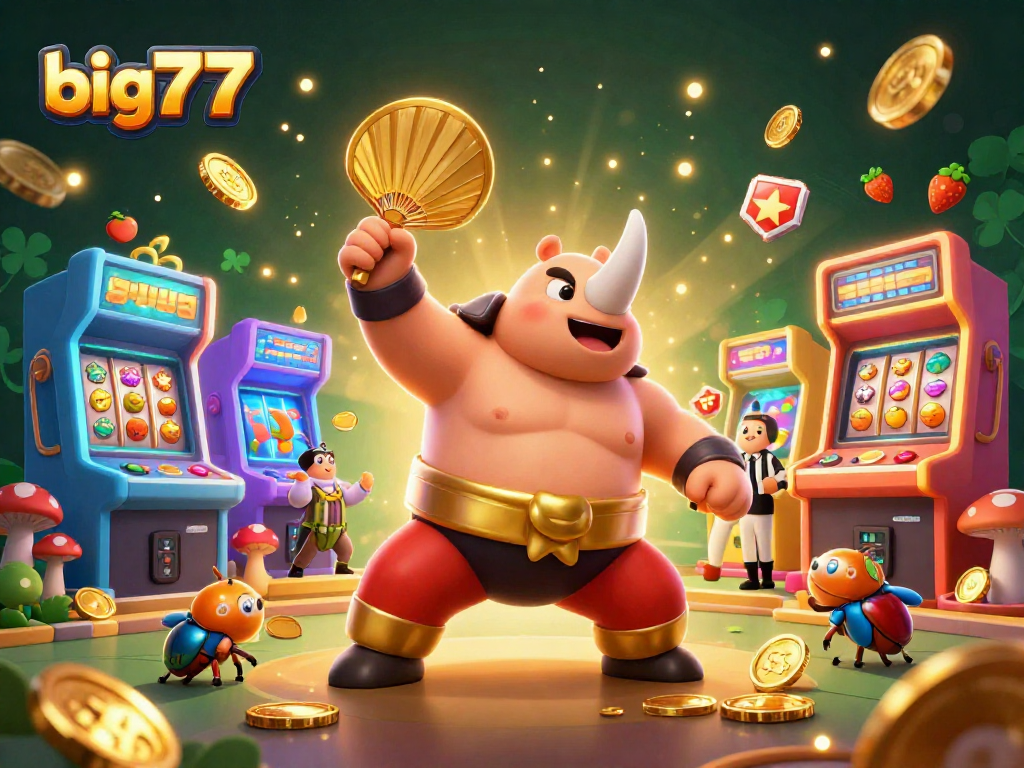 Engage with exciting big777 slot reels featuring dynamic 3D beetle champions in a vibrant casino scene!