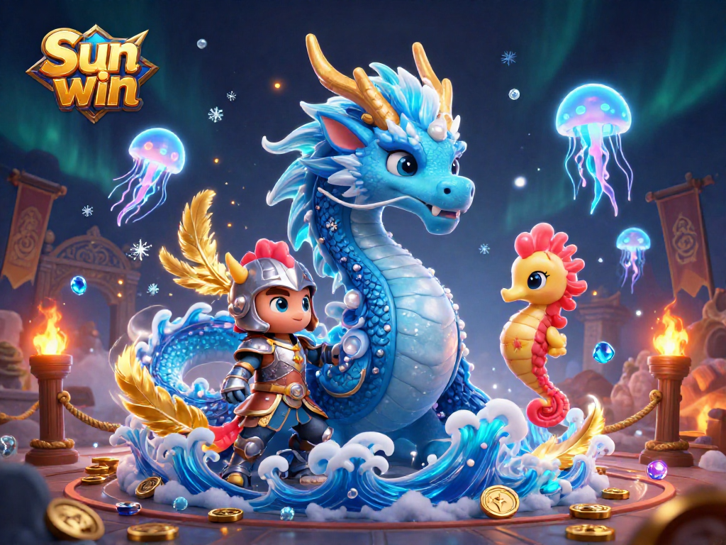 Experience the excitement of Sun win with immersive gaming elements featuring a dragon and seahorse warrior.