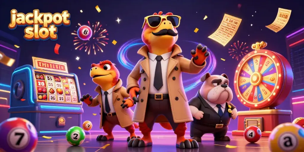 Spin to win with jackpot slot in vibrant casino scene featuring raptors and a bulldog bouncer.