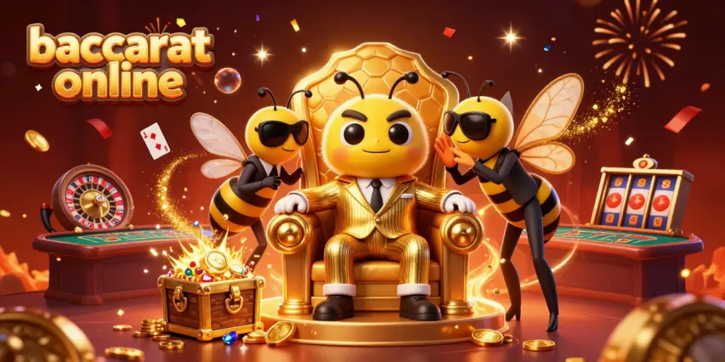 Experience baccarat online with a dynamic scene featuring a bumblebee mob boss and casino elements.