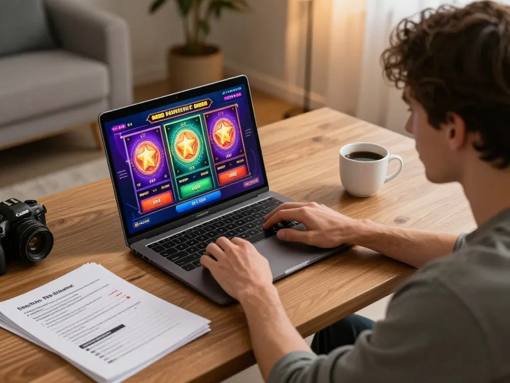 Engaged player at home enjoys online kdtoto slot game while tracking strategies.