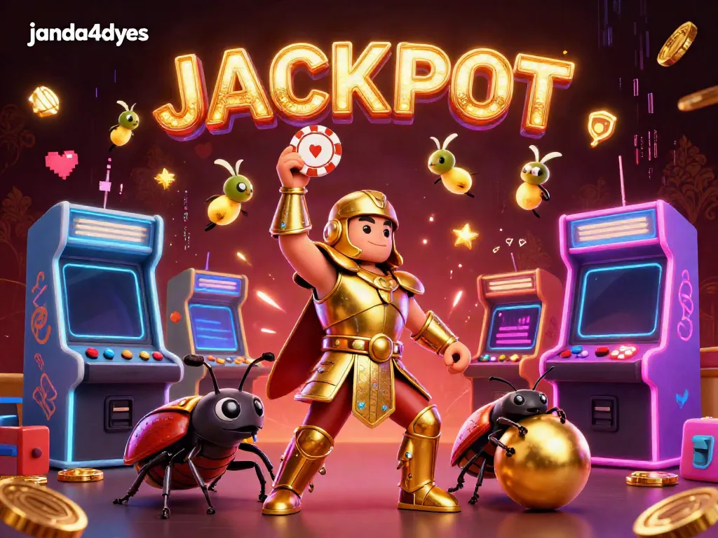 janda4dyes merayakan jackpot dengan karakter kartun 3D dalam suasana kasino yang berkilau