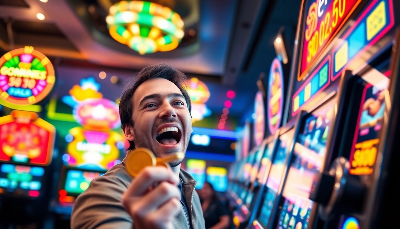 Menang besar di garasislot dengan ekspresi bahagia dan koin besar di tangan.