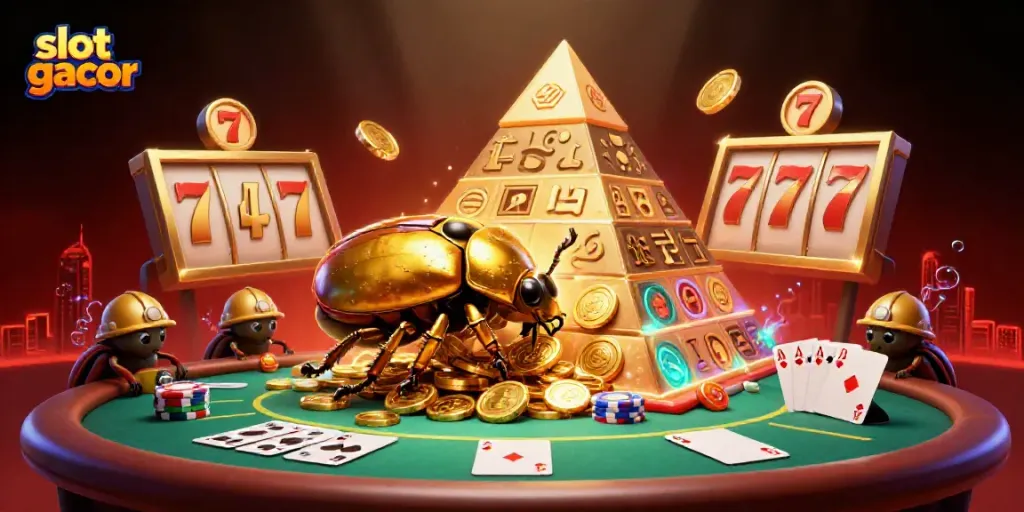 Experience excitement with slot gacor visuals featuring a golden beetle and casino elements.