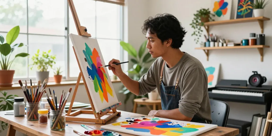Seorang artis mengecat karya seni abstrak di studio rumahnya menggunakan halte4d.