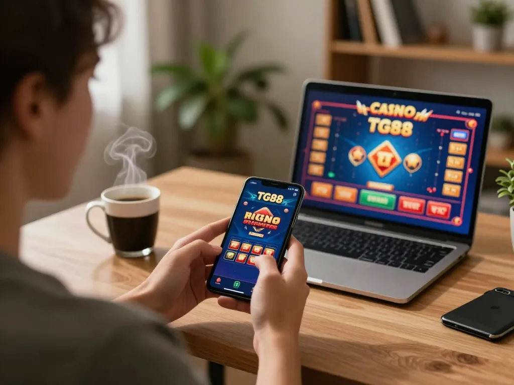 Engaging with the TG88 casino app on a smartphone at home for strategic online gaming.