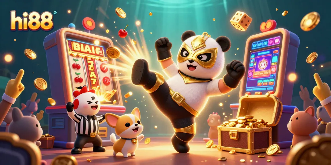 Engage with hi88 at the online casino, featuring a vibrant scene of a panda wrestler and exciting game elements.