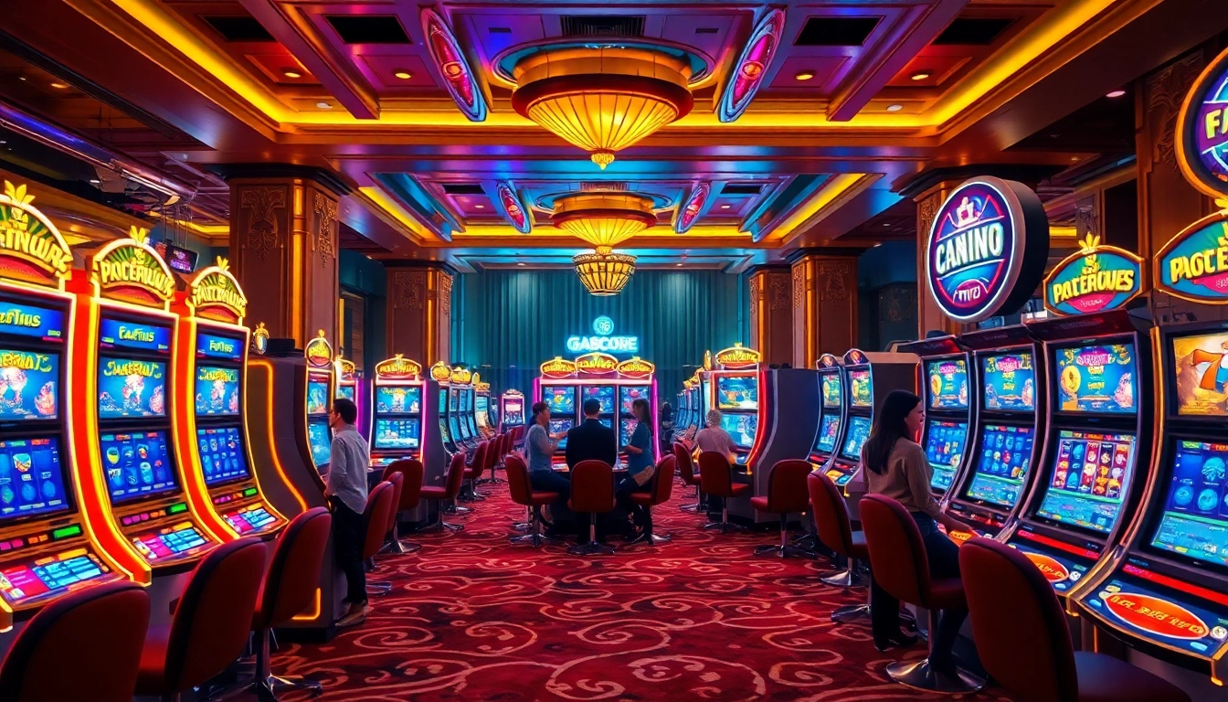 Players engaging with slot gacor machines in a luxurious casino, showcasing excitement and vibrant lights.