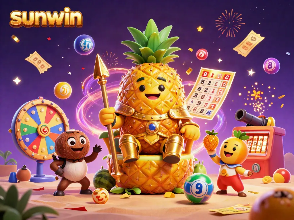 Experience the thrill of sunwin with a golden pineapple king and dynamic casino elements in a vibrant scene.
