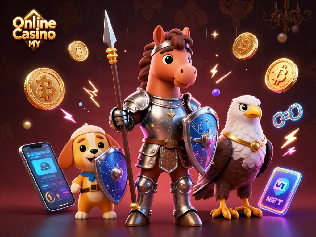 Engage with Online Casino MY featuring a knight, puppy, and falcon amidst crypto symbols.