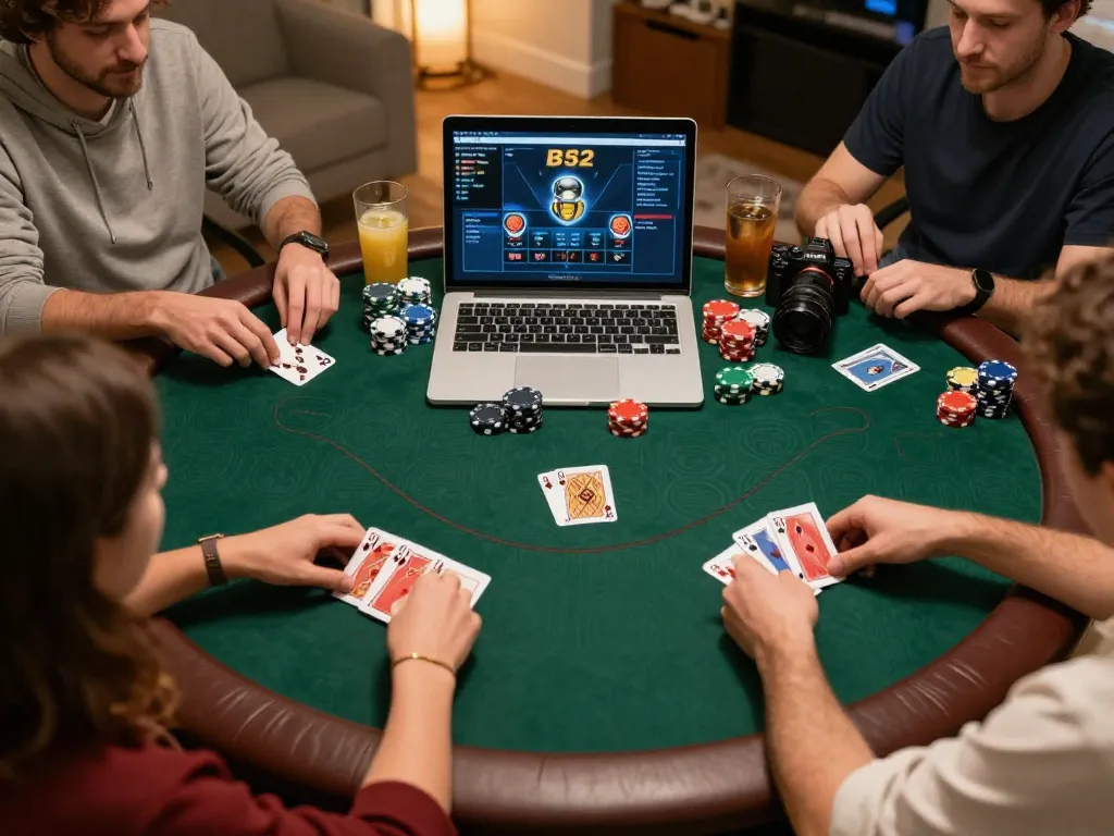 Engaging online poker game featuring B52 strategy with players and snacks in cozy home setting.