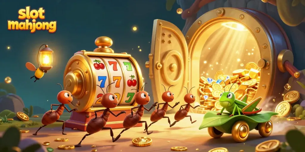 Semut dan belalang merayakan kemenangan mereka di slot mahjong dengan harta dan koin emas.