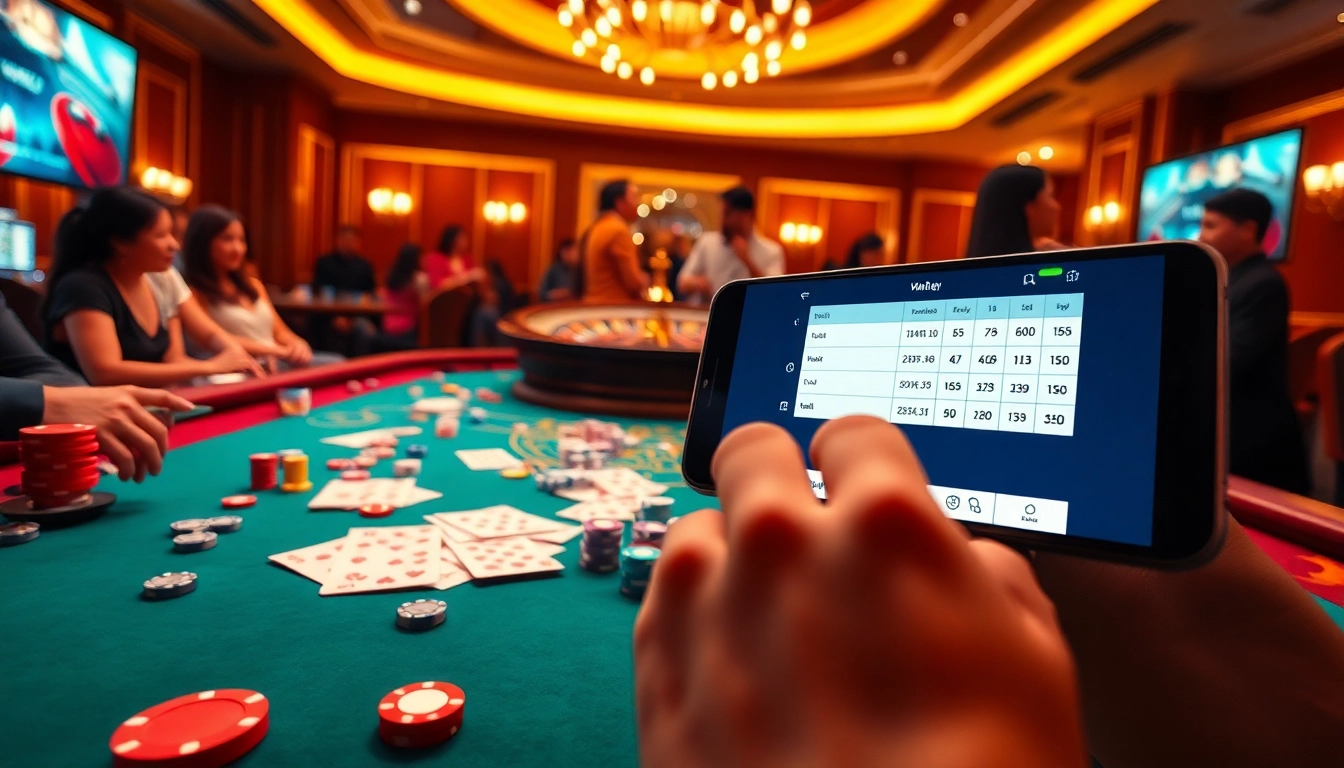 Engaged players enjoying MK8thai online gambling, showcasing vibrant casino elements and excitement.