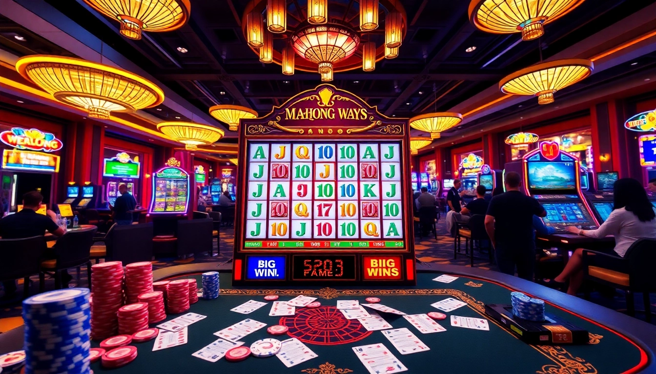 Players enjoy the Mahjong Ways slot machine in a vibrant casino atmosphere with exciting graphics.