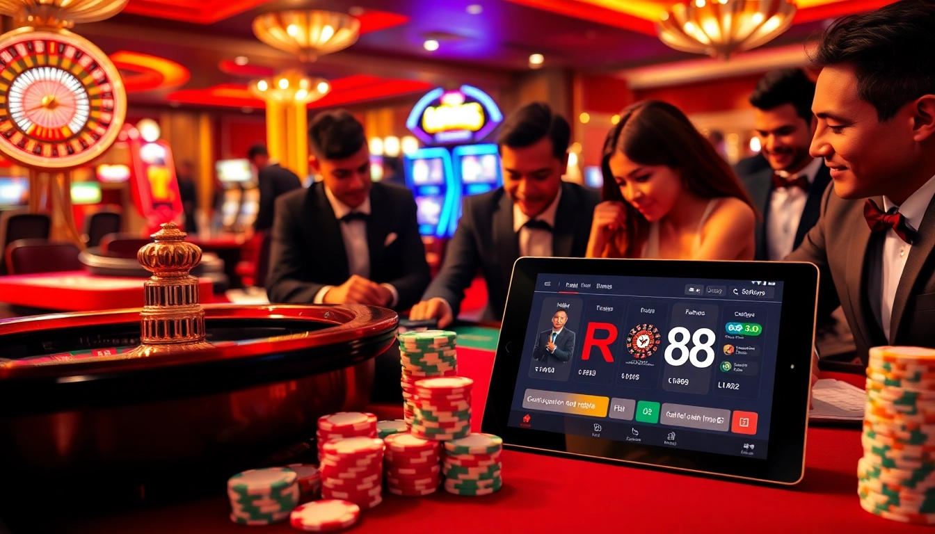 Exciting RR88 casino scene showcasing roulette and vibrant poker chips for online gaming.