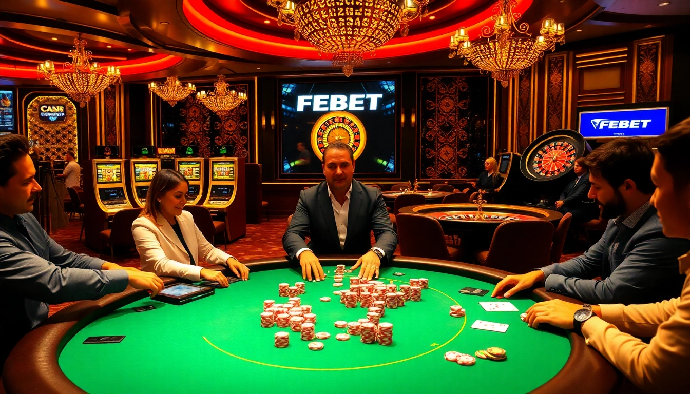 FEBET casino environment showcasing an exciting poker game with vibrant chips and professional dealer.