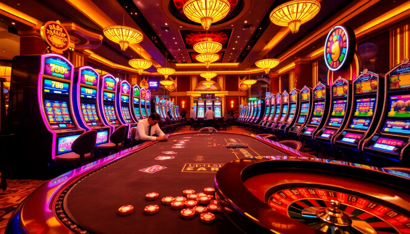 Experience the excitement of TRANG CHỦ FEBET with an engaging casino scene featuring vibrant slot machines and intense poker gameplay.