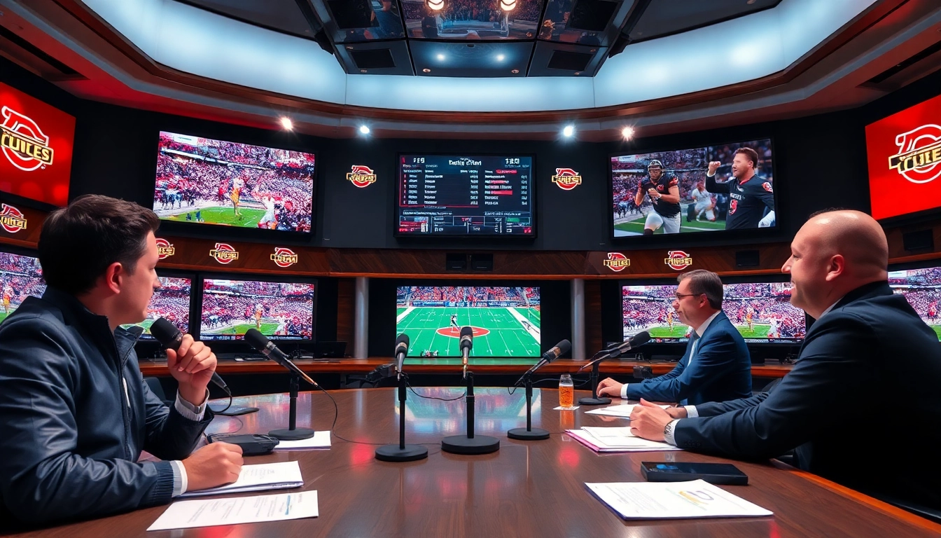 Engaging scene of sports broadcasting featuring analysts in action and screens showing live events.